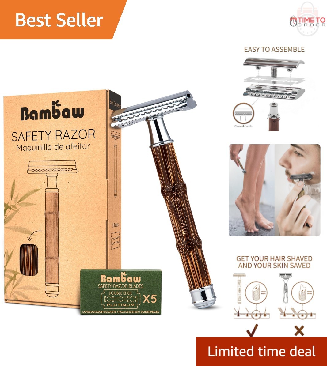 Double Edge Safety Razor, Bamboo Handle, Reusable, Eco-Frien