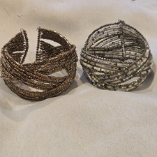 Seed Bead Cuff Bracelet Brown Beige Braided Boho Ethnic Statement 6.75" set of 2