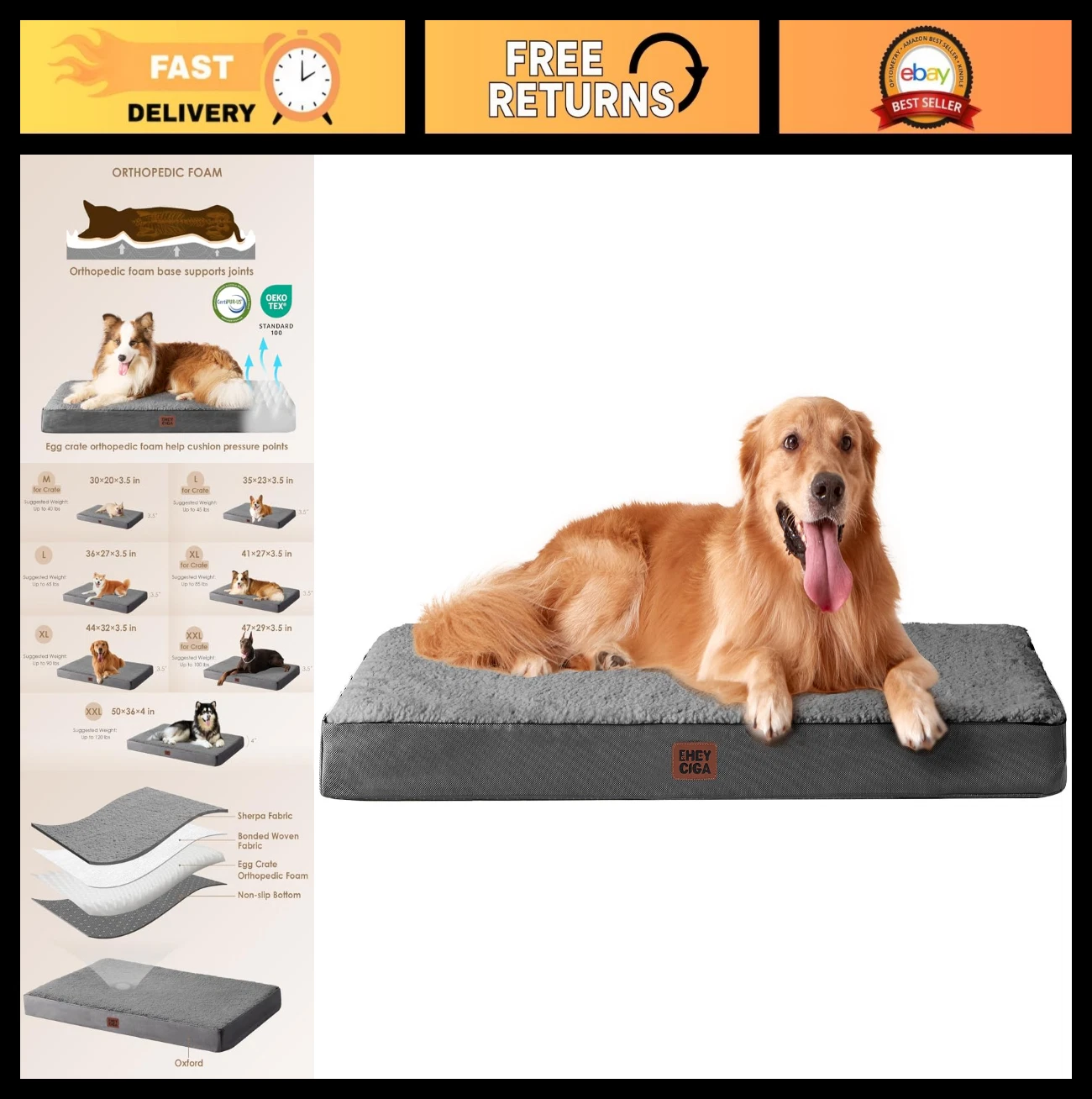 Extra Large Orthopedic Dog Bed with Washable Cover for Crate - Grey 41x27
