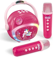 Mini Karaoke Machine for Kids Girls，Portable Bluetooth Speakers with 2 Wireless