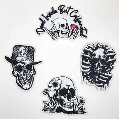 Skull Goth Patch Set 4 Pcs Dead Inside But Caffeinated Skeleton Sketch Art #1011