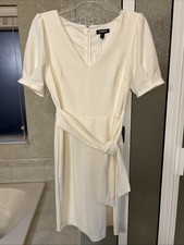 NWT Express Cream White Puff Short Sleeve Tie Waist V Neck Sheath Dress Sz S