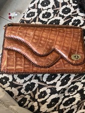 Vintage 1940 s Genuine Alligator Brown Clutch Purse Double Flap Suede