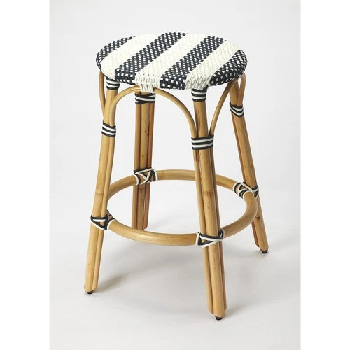 Tobias Rattan Round 24" Counter Stool, White and Navy Stripe - Picture 1 of 5