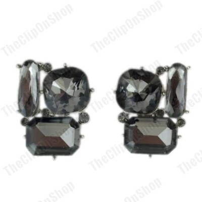 CLIP ON geometrische KRISTALL OHRRINGE Vintage Retro Glas Quadrat SILBER/GOLD TON