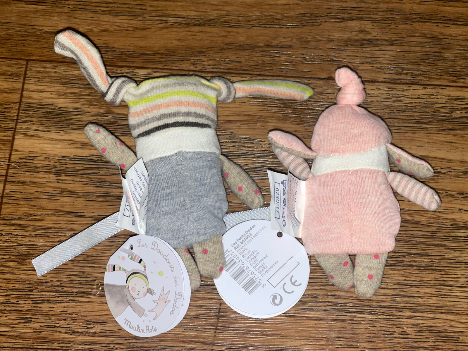 Moulin Roty Plush Baby Rattle Dolls 2 Les Petits Dodos Mini 4" France