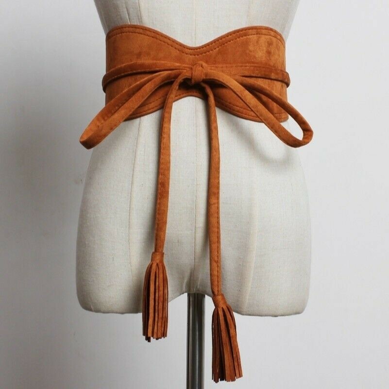 Womens Faux Suede Tassel Belt Vintage Bow Tie Waistband for Dress or Coat Elerevyo Womens Faux Suede Tassel Belt, Vintage Bow Tie  main image 3