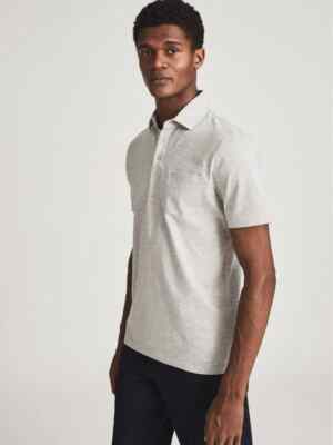 REISS Mens Polo Shirt Elliot Grey Melange Mercerised Designer Slim Fit  T-shirt UK