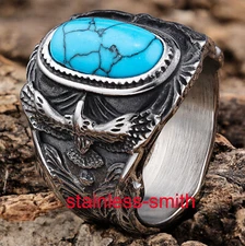 Men's Large Turquoise Stone Eagle Biker Ring For Men Size 7 8 9 10 11 12 13-15