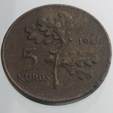 1966 Turkey 5 Kurus KM# 890.1 Coin Bronze Crescent and Star Oak Branch V322