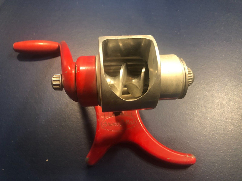VINTAGE GRIND-O-MAT MEAT GRINDER RED COLOR, three disks, works;