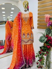 Indian Style Chinnon Silk Top And Palazzo With Fancy Dupatta For Girls Wear