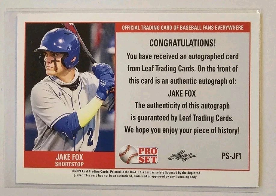 JAKE FOX 2021 LEAF PRO SET AUTO ROOKIE CARD #PS-JF1 INDIANS RC SP - Image 2 of 2