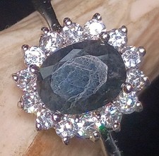 Genuine Sapphire Halo Ring   Dark Blue Oval Stone   Sparkling Accent Setting