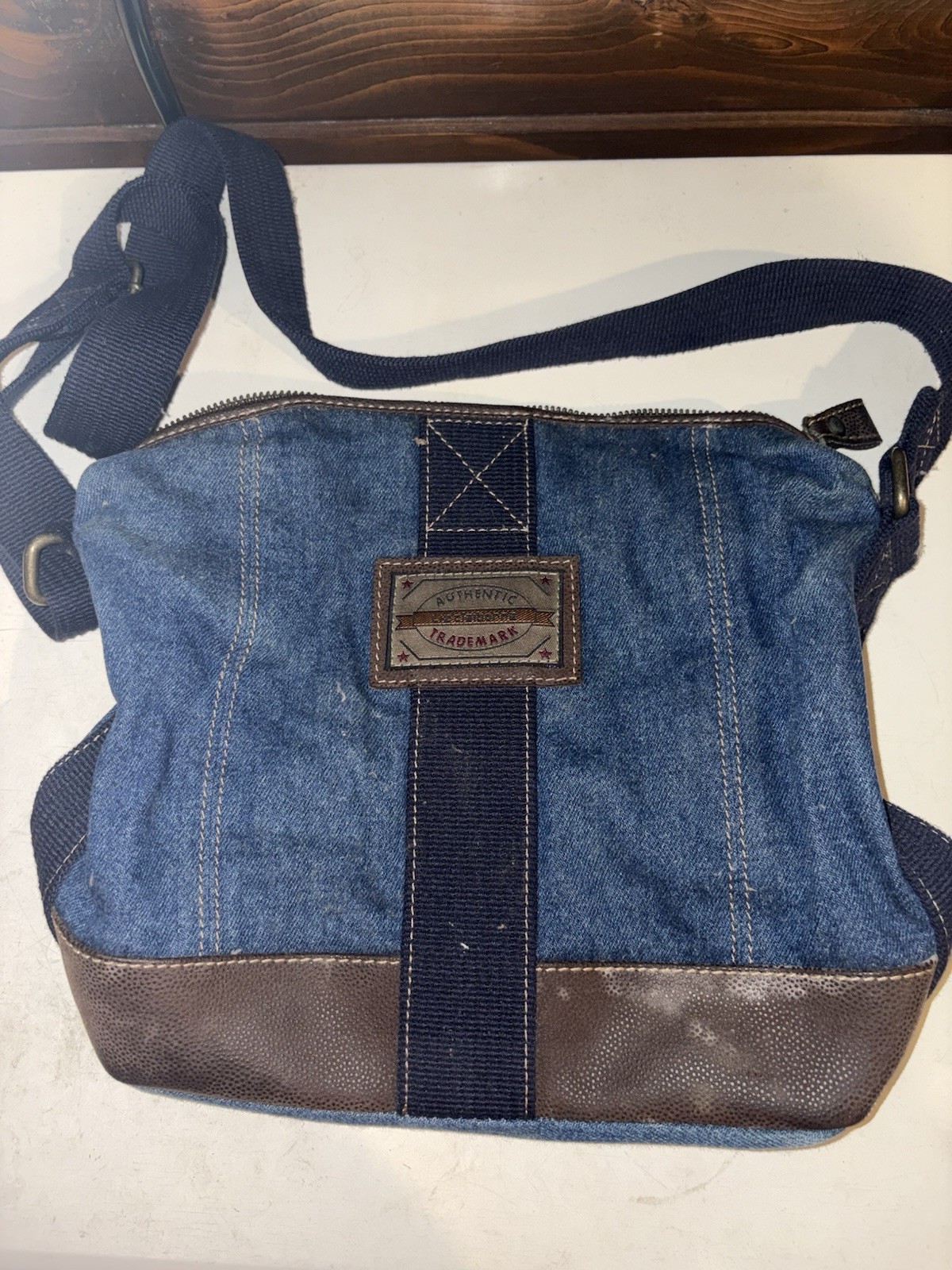 Liz Claiborne Blue & Brown Crossbody Bag Zip Closure Adjustable Strap Pockets