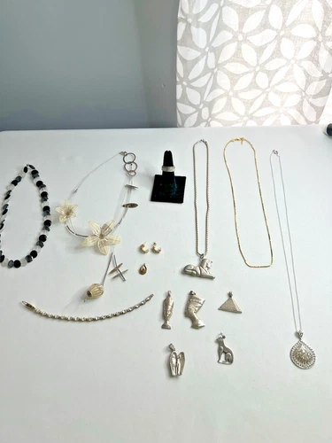 VTG STERLING SILVER JEWELRY LOT 14pcs SPHINX PYRAMID NEFERTITI PENDANTS BRACELET