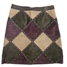 Worth New York Suede Skirt Size 4 Studs Argyle Diamond Patchwork