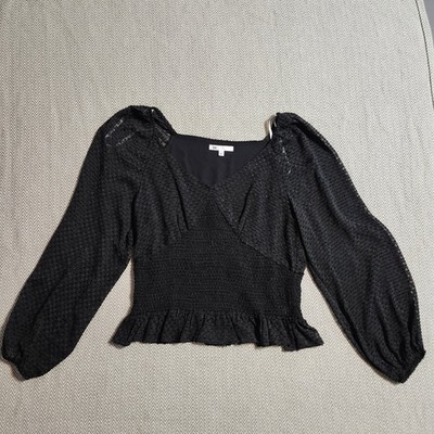 DR2 by Daniel Rainn Black Smocked Waist Clip Dot V-Neck Blouse Large DR23962PD3
