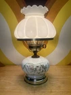 VTG Milk Glass Hurricane Parlor Lamp Floral Gone With The Wind Ribbed Shade 14”