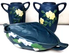 Vintage Roseville 3-Pc Ceramic Pottery 1980s Import Revival Blue/Floral Pattern