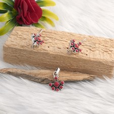 925 Sterling Silver Natural Coral Jewelry Set Pendant  Earrings Handmade