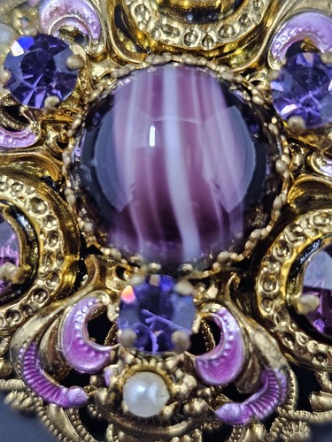 VTG Goldtone Purple Slag Glass Rhinestone Faux Pearl Brooch Made In Germany, 2" - Picture 4 of 8