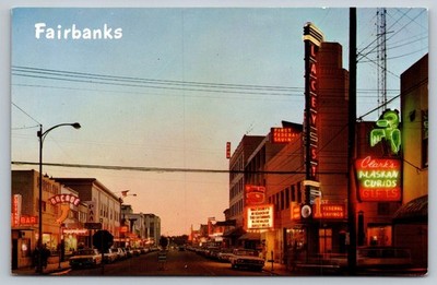Fairbanks Alaska Second Avenue Sunset Neon Signs Vintage Postcard