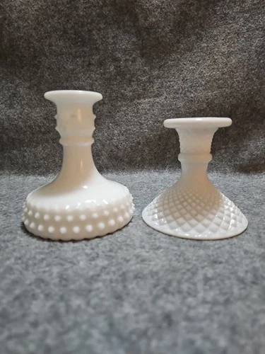2 Vintage White Milk Glass Mismatched Candlestick Taper Holders.