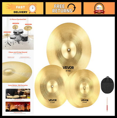 3-Piece Alloy Cymbal Set for Drum Kit - 14'' Hi-Hats, 16'' Crash, 20'' Ride, Bag &