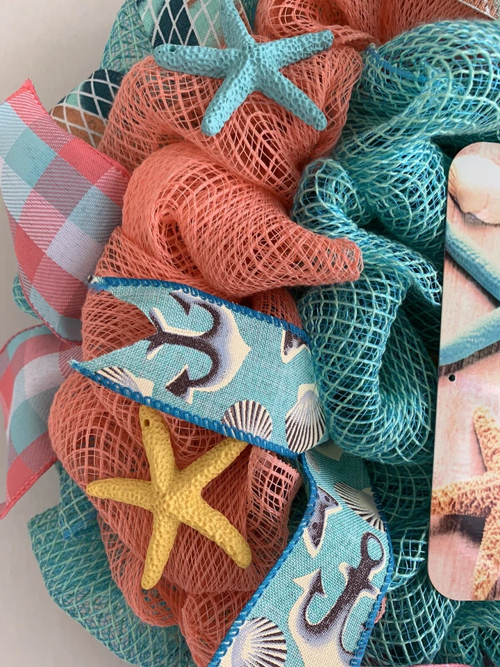 Bright colored starfish wreath. Beach wreath. - Image 3 of 4