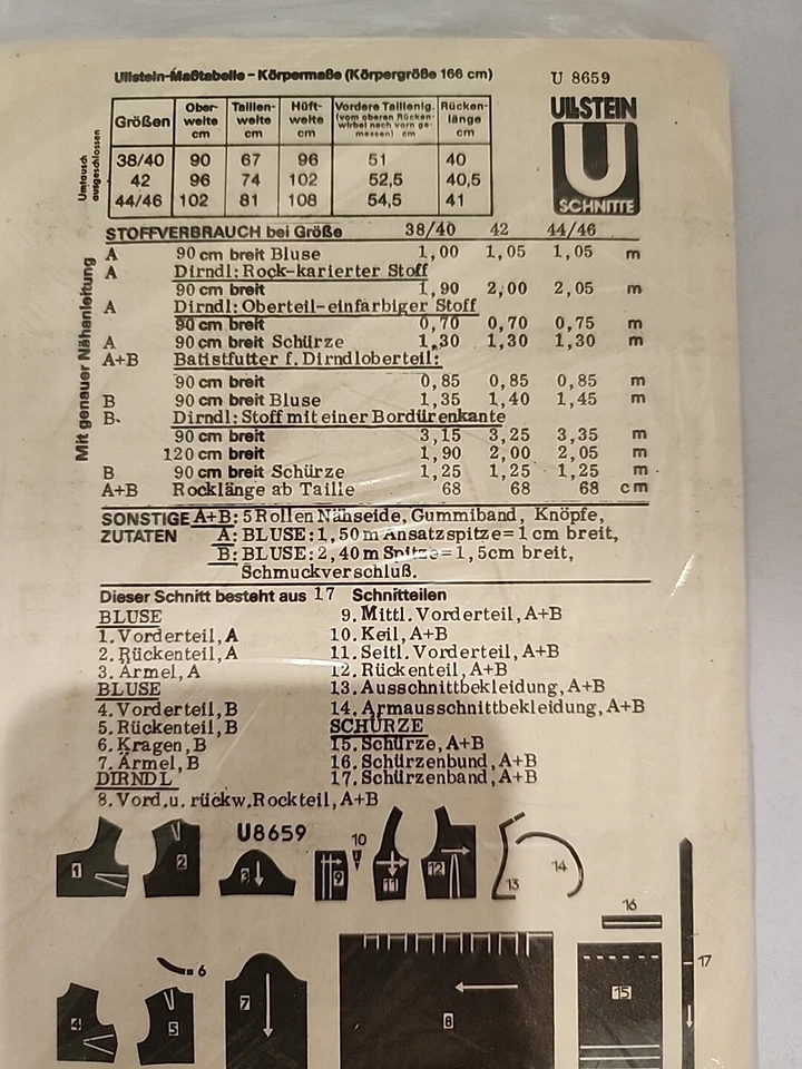 ULlstein German Dress & Apron Pattern Size M-L  #8659 Traditional Peasant Style  - Image 3 of 3