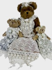 3 Vintage Plush Teddy Bear Jointed Lace Dress Ribbon Beads Country Rustic Cabin