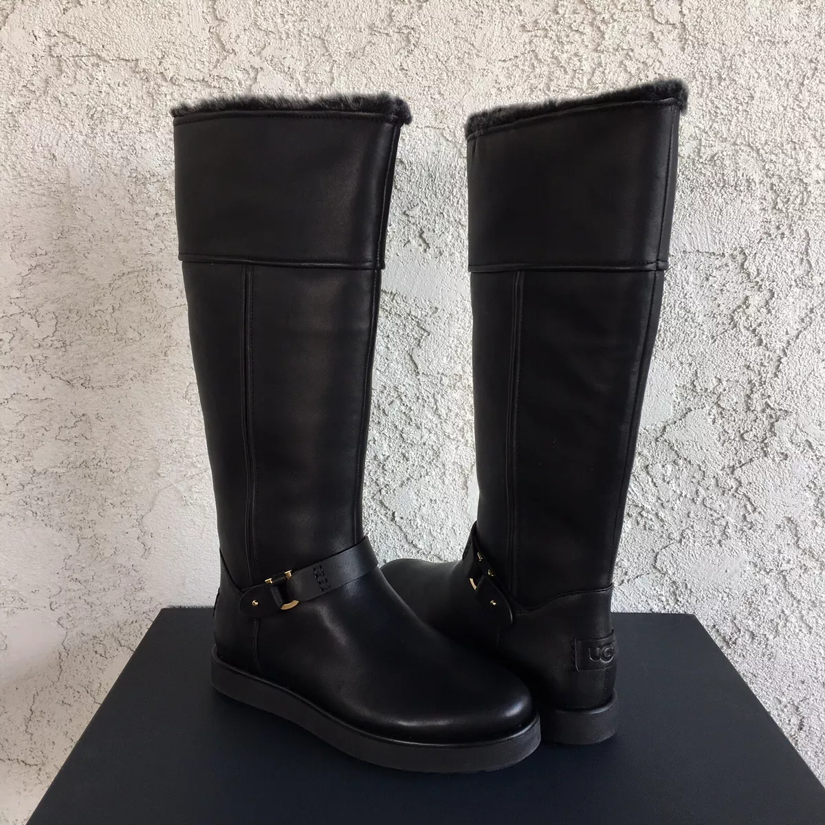 UGG CLASSIC BERGE TALL BLACK LEATHER SHEARLING KNEE HIGH BOOTS SIZE US 7  WOMENS