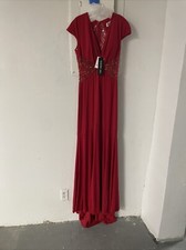 Sherri Hill Red Floor Length Gown With Train Deep V Mesh Cutouts Rhinestones