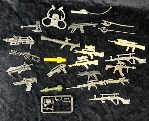 Action Figure Weapons and Accessories Mostly 1:18 scale, rifles, axes, knife etc