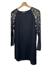 H&M Black Floral Mesh Sleeve MIDI Dress Size 4