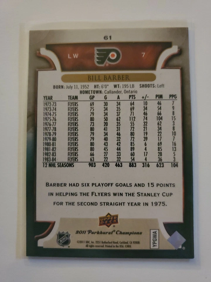 Bill Barber Signed 2011 Parkhurst Champions Philadelphia Flyers Card # 61 - Image 2 of 2