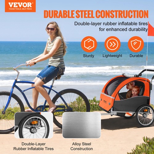 VEVOR Child Bike Trailer Foldable 2 Seater Stroller Double Kids Carrier 45 kg - Picture 2 of 12