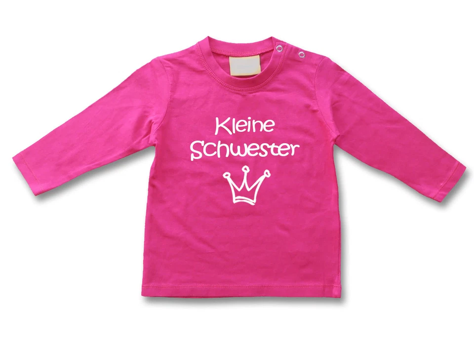 LITTLE BEE Baby Langarmshirt Kleine Schwester WAHL Motiv Größe Wunschname FUCHSIA 74/80 92