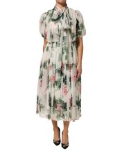 Dolce & Gabbana White Floral Print Silk Pleated Midi Women's Dress Authentic