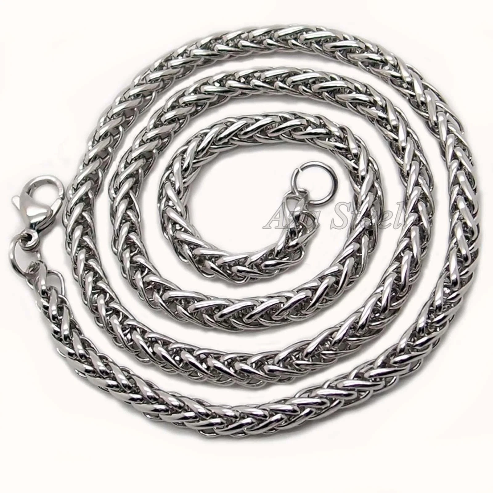 3/4/5/6MM 18-36" MENS Silver Stainless Steel Wheat Braided Chain Necklace Link - product detail image 4