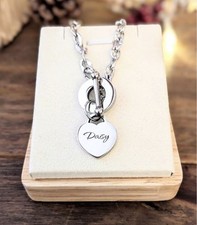 Silver Heart Tag Charm Toggle Necklace, Chunky Heart Drop Engraved Necklace 