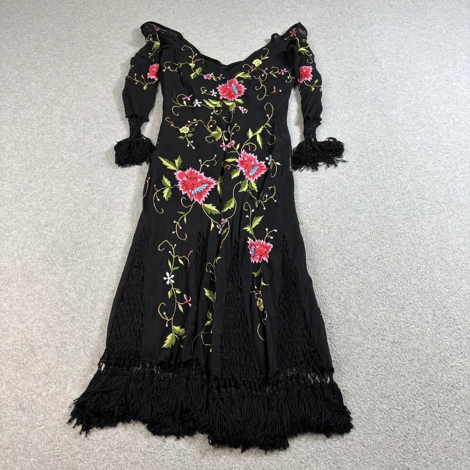 Vintage Sue Wong Silk Dress Women 6 Black Floral Embroidered Fringe Tassel Boho - Image 2 of 4
