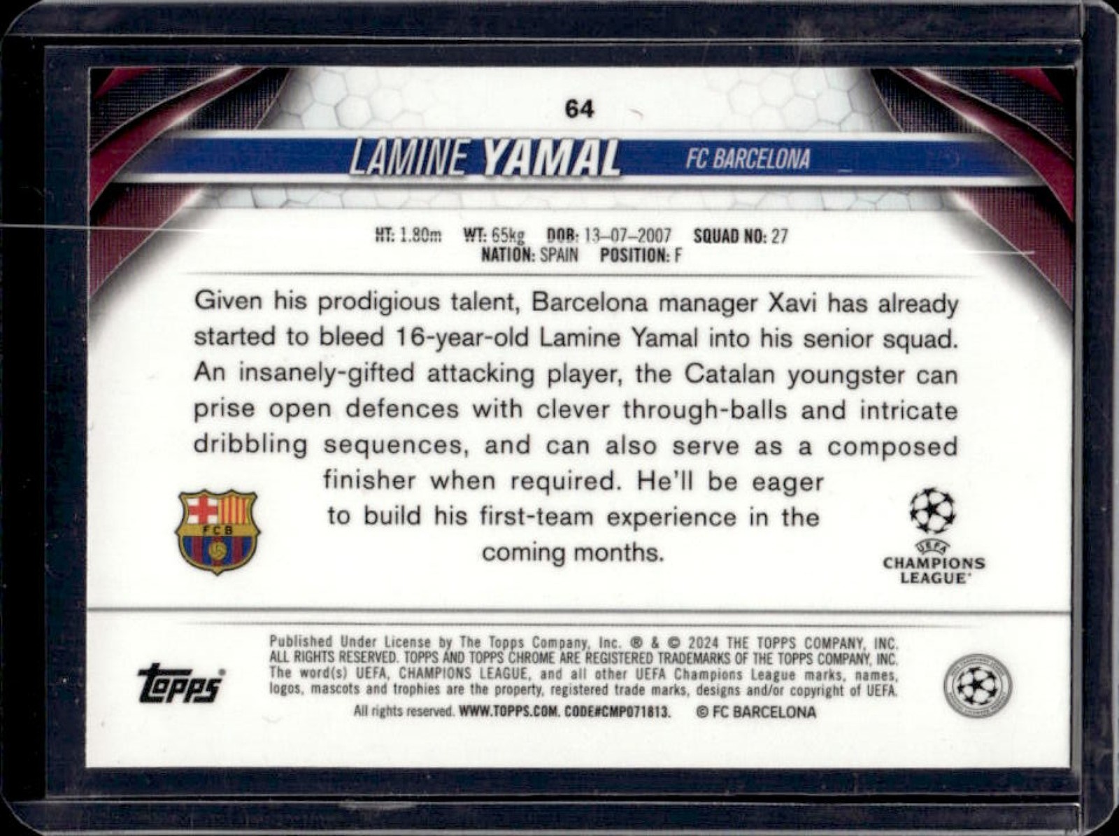 2023-24 Topps Chrome UEFA Lamine Yamal RC Rookie #64 Barcelona view 2