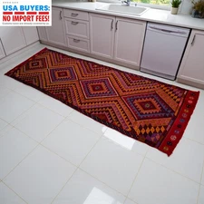 Handmade vintage runner rug 2.6x8.2 Turkish kilim embroidered hallway decor rug