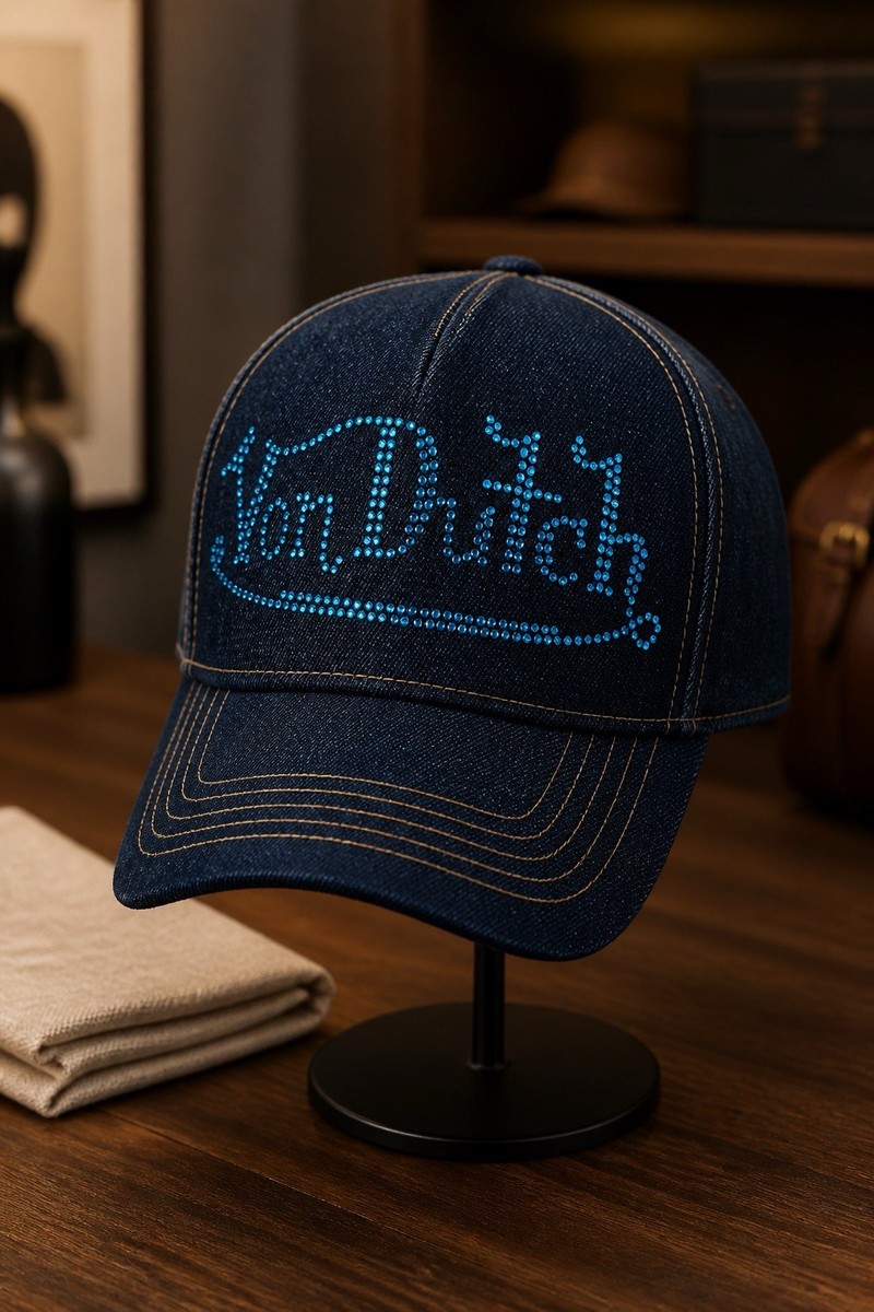 NWT Von Dutch Denim Trucker Hat Blue Stone Bling Mesh Snap  display picture 1