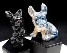 JAPANESE CERAMIC 2 PC BLUE LUSTER & BLACK SCOTTIE DOG 4 1/4" FIGURINES