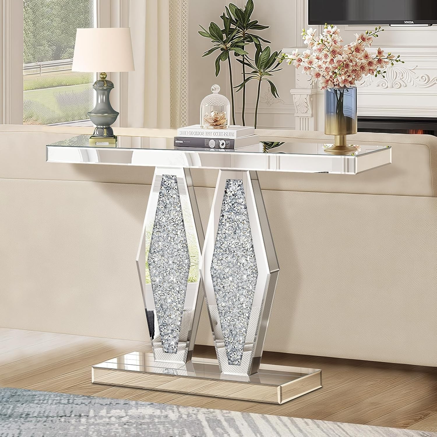 39.37" Long Modern Mirrored Entryway Console Tables with Crushed Diamond Inlay