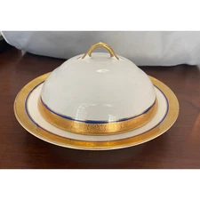 Antique Pope Gosser Covered Butter Dome Dish Keeper Ivory & Gold Navy Stripe