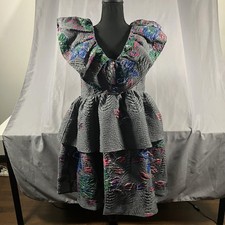 Ganni Dress Womens US 4 EU 36 Gray Floral Jacquard Ruffle Tiered Fit & Flare V